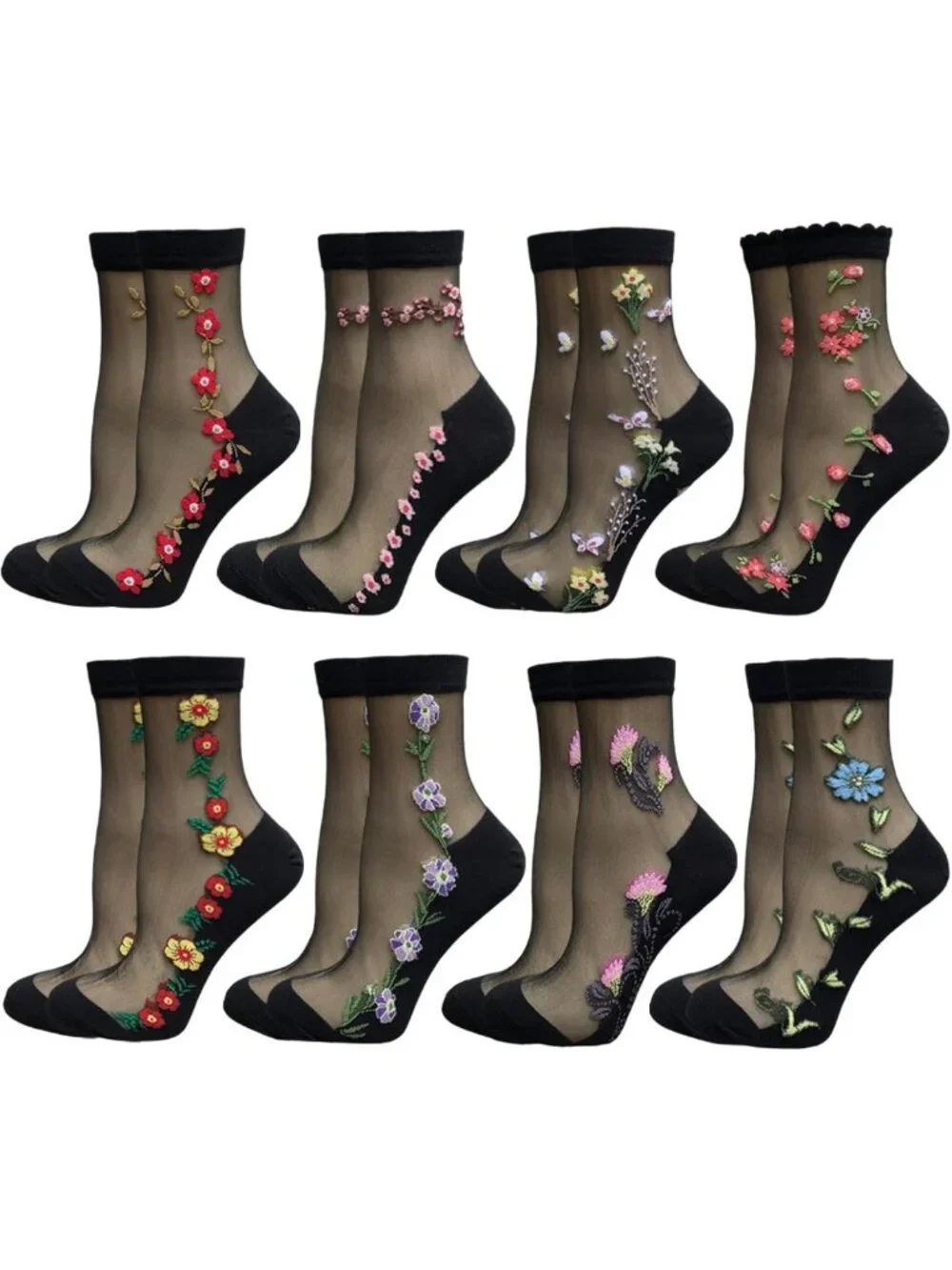 Sheer Mesh Transparent Ankle Socks for Women - Ultra-Thin Lace Fishnet Floral